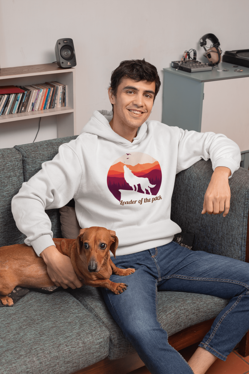 Guy with dog and custom hoodie
